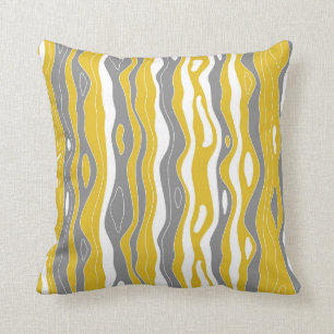 Waves, lines, mustard yellow, grey, white cushion