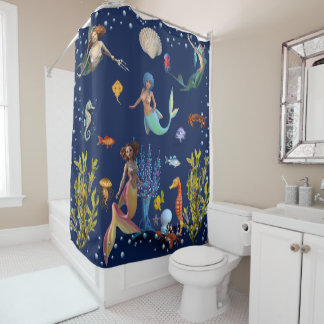 waves mermaids drawing shower curtain