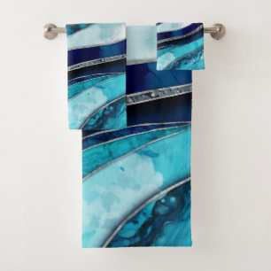 Waves - Mixed Media Blue Abstract Bath Towel Set