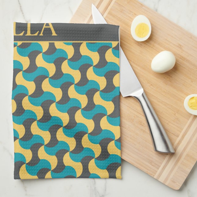 Waves Navy Yellow Minimal Pattern Tea Towel (Quarter Fold)