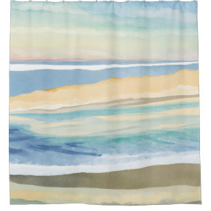 Waves of Blue   Ocean Shore Beach Watercolor Shower Curtain