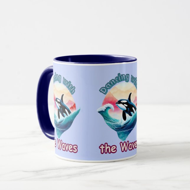 Waves of Joy: Orca Jumping in Aqua Waters Mug (Front Left)
