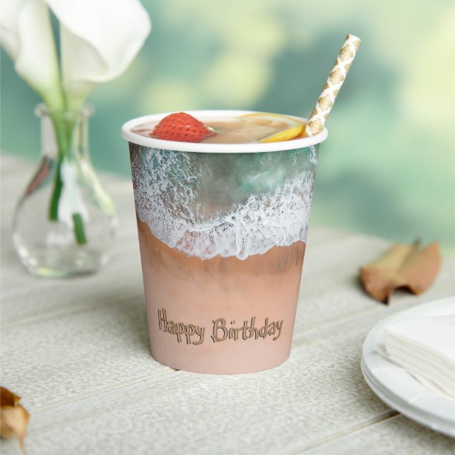 Waves on Sandy Beach Happy Birthday Paper Cups (Insitu)