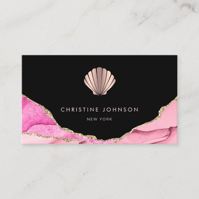 waves pink seashell design on black business card (Front)