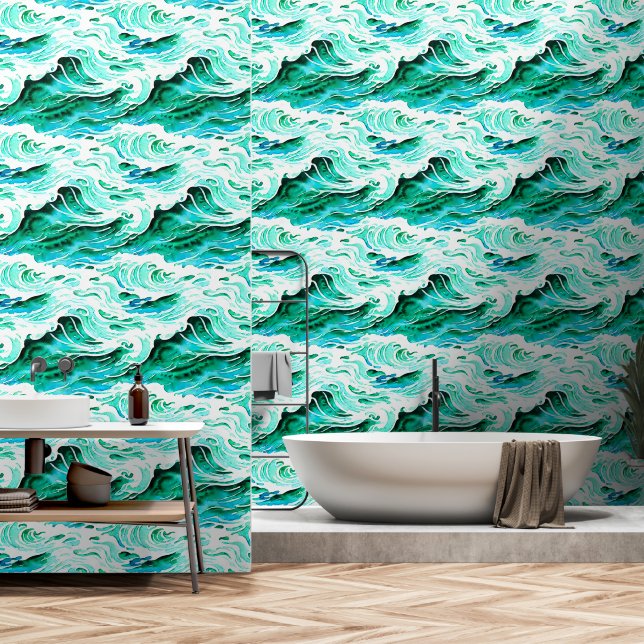 Waves rolling ocean sea water modern timeless wallpaper (Bathroom)