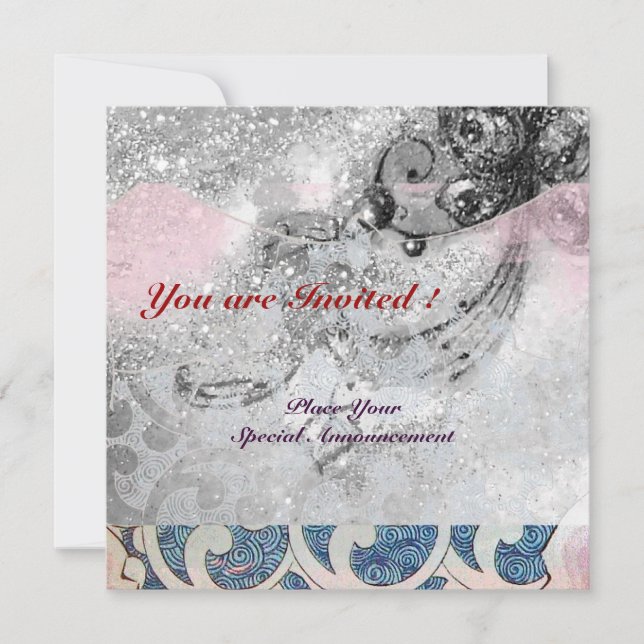 WAVES RUBY, bright black & white blue pink sparkle Invitation (Front)
