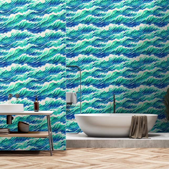 Waves seamless pattern coastal seaside chic wallpaper (Bathroom)