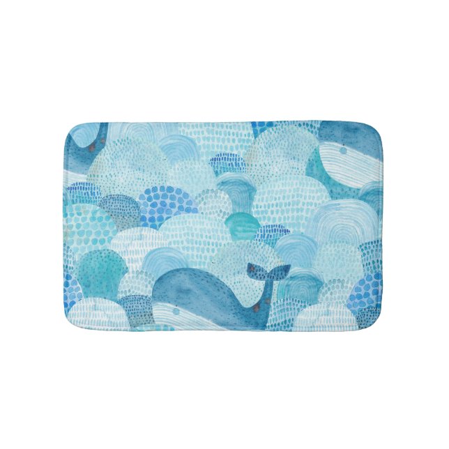 Waves, whale, childish blue texture bath mat (Front)