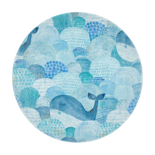 Waves, whale, childish blue texture cutting board (Front)