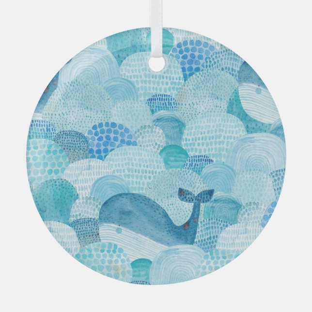 Waves, whale, childish blue texture glass tree decoration (Front)