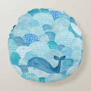 Waves, whale, childish blue texture round cushion