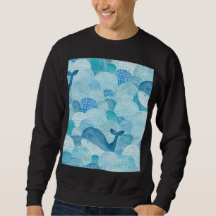 Waves, whale, childish blue texture sweatshirt
