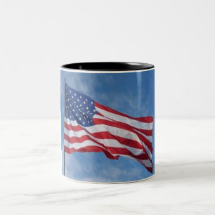 Waving American Flag Against Blue Sky Two-Tone Coffee Mug