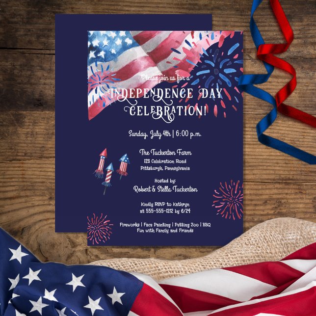 Waving Flag Fireworks Independence Day Celebration Invitation (Creator Uploaded)