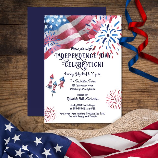 Waving Flag Fireworks Independence Day Celebration Invitation (Creator Uploaded)