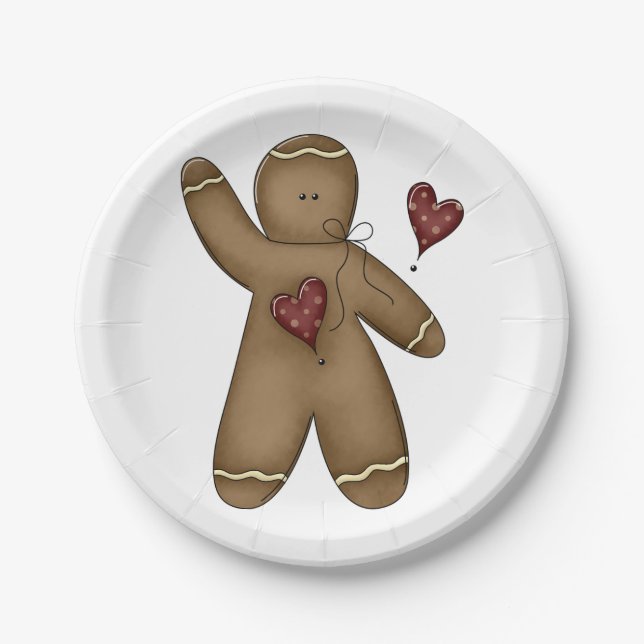 Waving Gingerbread Man with Polka Dot Hearts Paper Plate (Front)