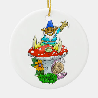 Waving gnome on a round ornament. ceramic tree decoration