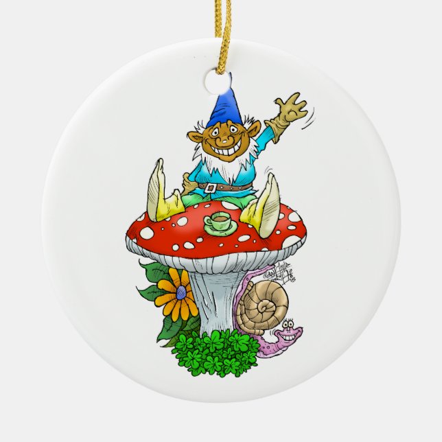 Waving gnome on a round ornament. ceramic tree decoration (Front)