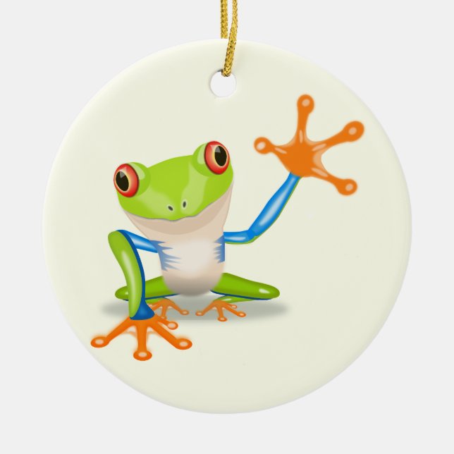 Waving red eyed tree frog illustration ceramic tree decoration (Front)