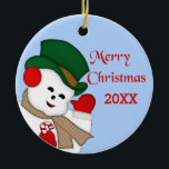 Waving Snowman Merry Christmas 20XX Ornament<br><div class="desc">Change the light blue background behind this design to any colour you prefer. This snowman is a vintage image which I have completely recolored/redesigned. I have left the back of the ornament blank in case you want to personalise it - from one family or person to another, or a pesonal...</div>