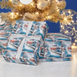 Waving Snowman With a Red Retro Truck Wrapping Paper