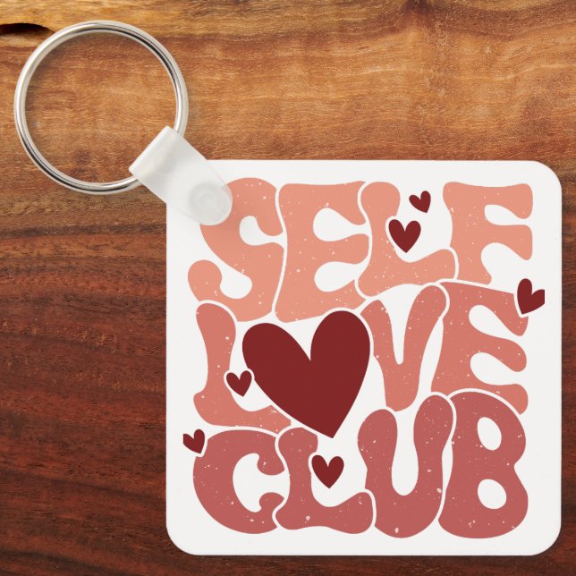 Wavy 70s Font "Self Love Club" Hearts Key Ring (Front)