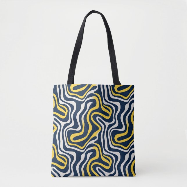 Wavy Abstract Navy, Yellow & White Tote Bag (Front)