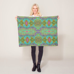 Wavy Aqua Blue and Orange Trippy Pattern Fleece Blanket