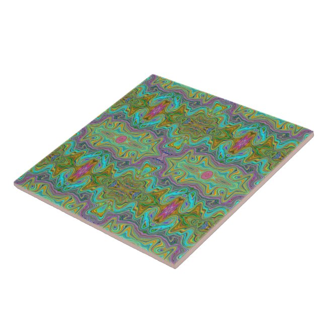Wavy Aqua Blue and Orange Trippy Pattern Tile (Side)