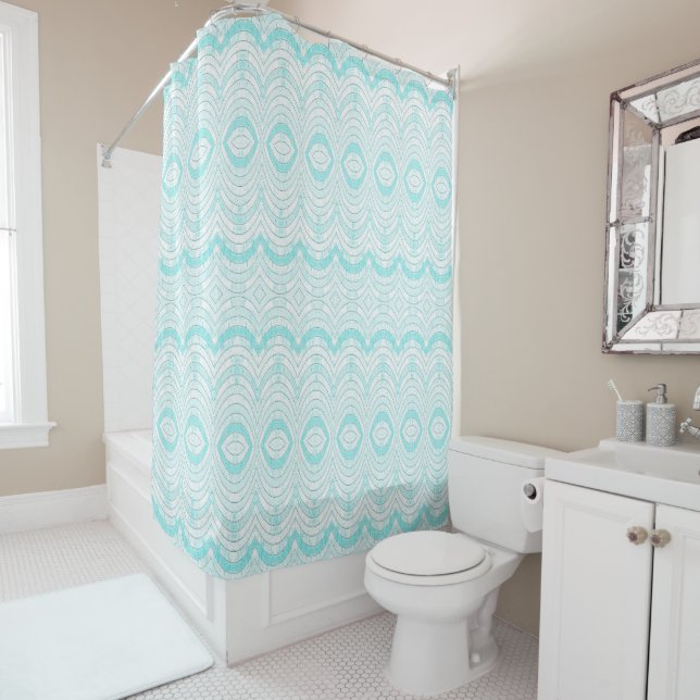 Wavy Aqua Geometric Pattern Shower Curtain (In Situ)