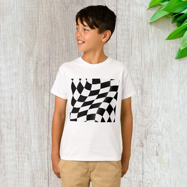 Wavy Black and White Chequered Flag Racing T-Shirt (Creator Uploaded)