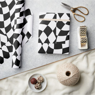 Wavy Black and White Chequered Flag Racing Wrapping Paper