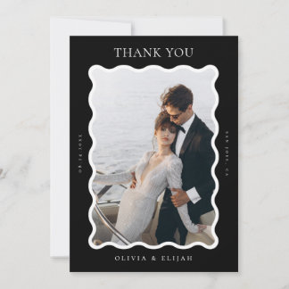 Wavy Black and White Photo W Note Wedding Thank You Card