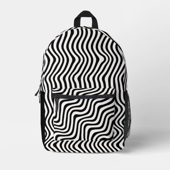 wavy black stripes op art printed backpack (Front)