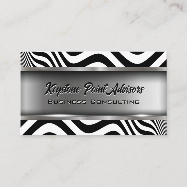 Wavy Black White Lines | Metallic Business Card (Front)