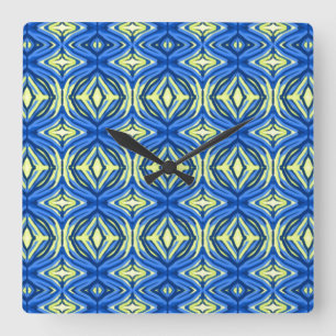 Wavy Blue and Yellow Kaleidoscope Square Wall Clock