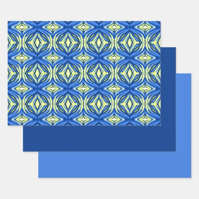Wavy Blue and Yellow Kaleidoscope Wrapping Paper Sheet (Set)