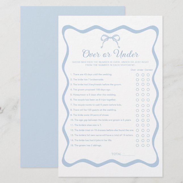 Wavy Blue Bow Bridal Shower Over Under Game (Front/Back)