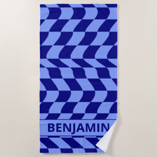 Wavy blue chequered pattern with custom name beach towel