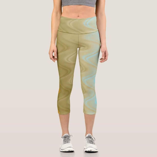 Wavy Blue Green Orange Abstract Capri Leggings (Front)