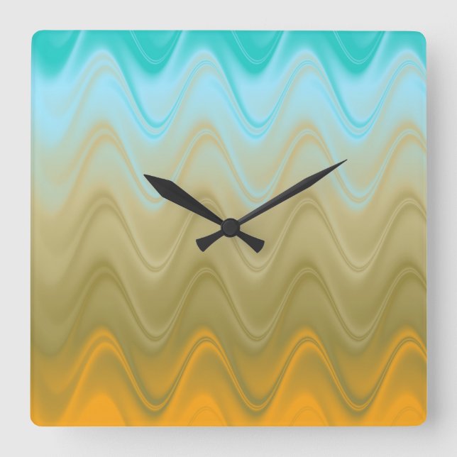 Wavy Blue Green Orange Abstract Square Wall Clock (Front)