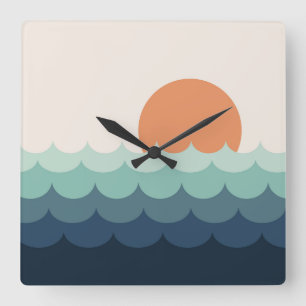 Wavy blue ocean at sunset square wall clock