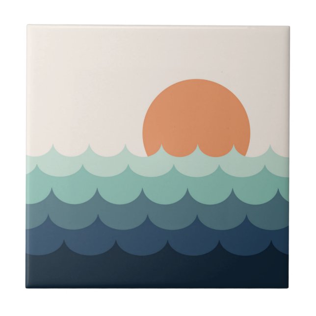Wavy blue ocean at sunset tile (Front)