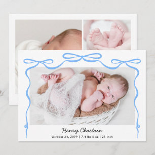 Wavy Blue Ribbon Bow Photo Collage Newborn Birth Announcement