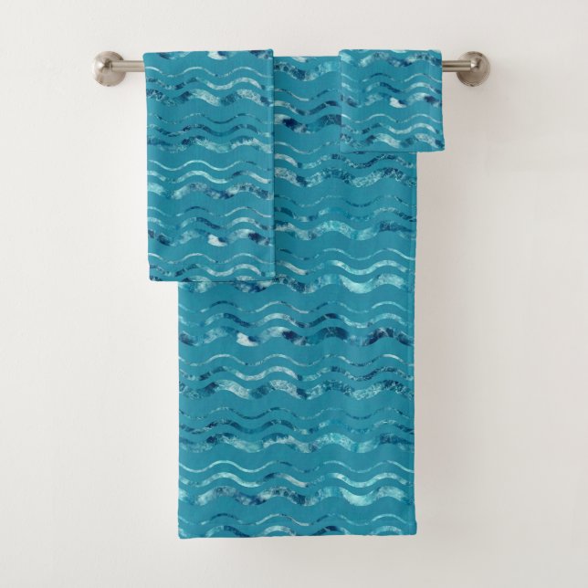 Wavy Blue Sea Pattern Bath Towel Set (Insitu)