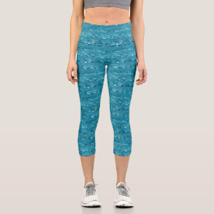 Wavy Blue Sea Pattern Capri Leggings