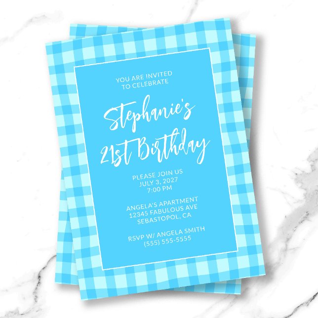 Wavy Blue Summer Gingham Bold 21st Birthday Invitation (Wavy Blue Summer Gingham Bold 21st Birthday Invitation)