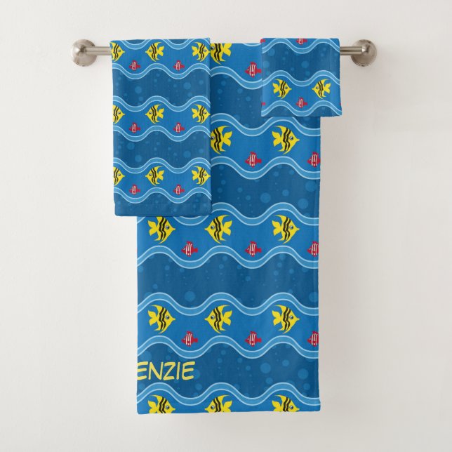 Wavy Blue Tropical Fish Bath Towel Set (Insitu)