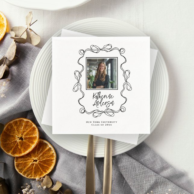 Wavy Border Black Bows Photo Graduation Party Napkin (Creator Uploaded)