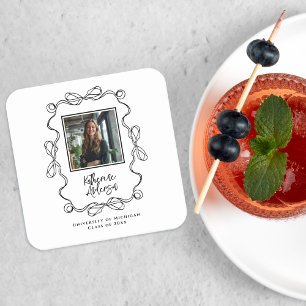 Wavy Border Bow Black Photo Graduation Party Square Paper Coaster